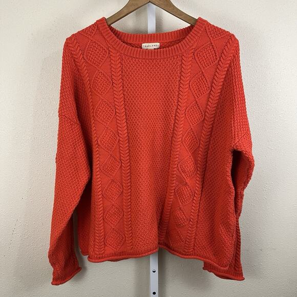 Tradlands Chunky Cable Knit Crew Neck Sweater XL Red Orange Fisherman Hyyge Cozy - Picture 1 of 6